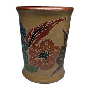 Vintage Nicaragua Pottery Vase Handmade Carved Flowers Floral Signed